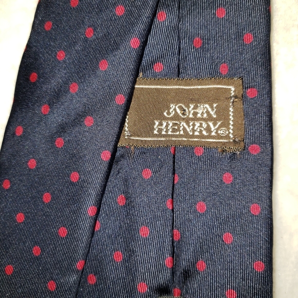 John Henry 100% Italian silk mens tie navy blue with red polka-dots - Picture 5 of 9